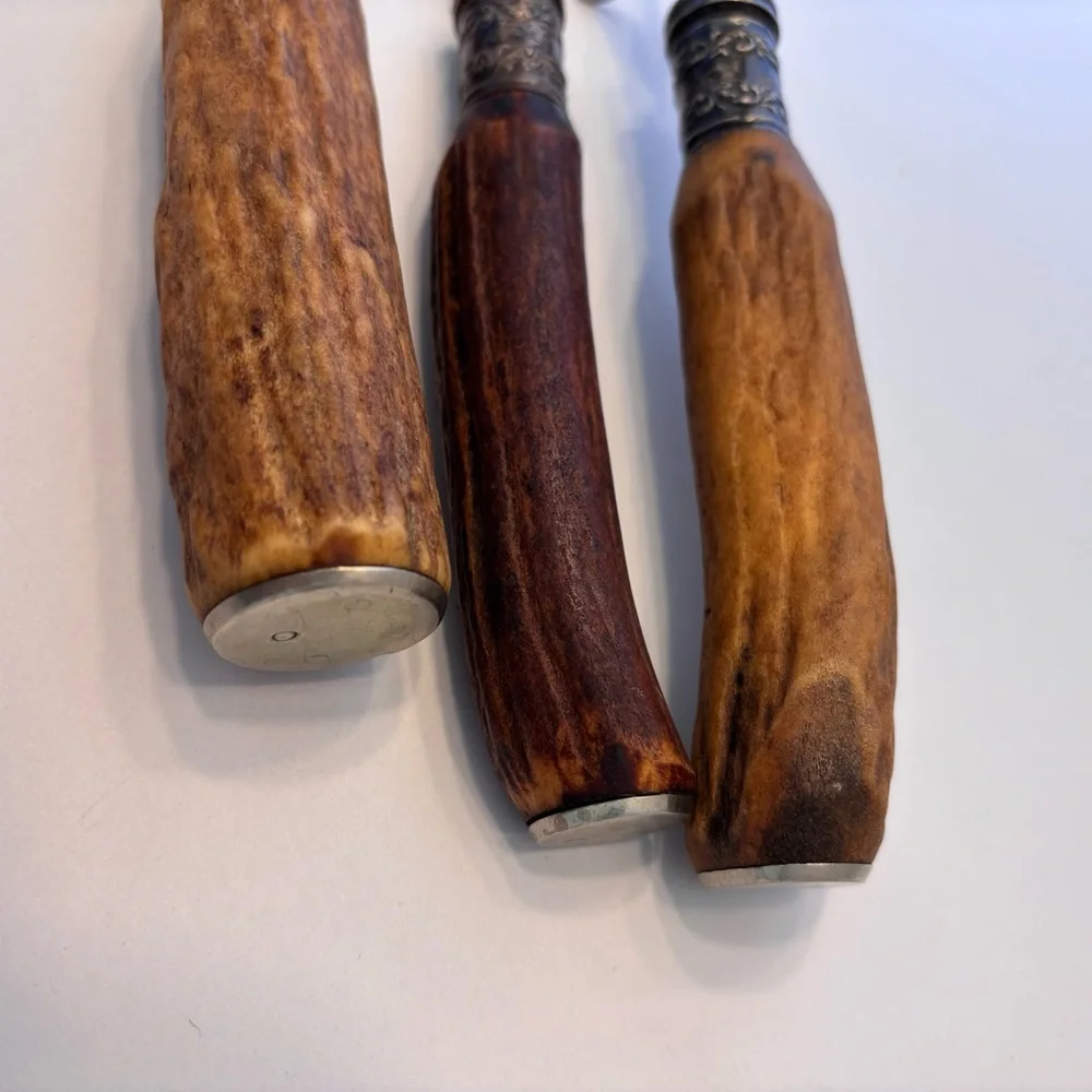 Antique Vintage Antler Handle Handle Carving Set w/ Silver Plated Ferrules Rare - Picture 12 of 14